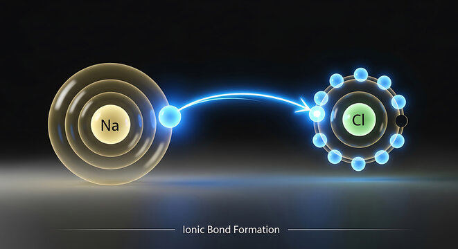 Sodium and chlorine atoms forming an ionic bond with electron transfer between them slowly