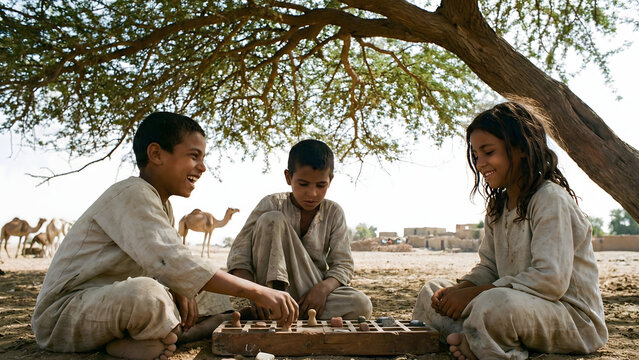 Children playing a board game (Senet) in the shade of an acacia tree