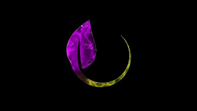 Neon glowing eco leaf symbol with circular Shape pink and yellow color saber effect animation on black Background. 4K