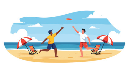 Obraz premium Two men enjoy a fun game of frisbee on a sunny beach with umbrellas and lounge chairs under a bright blue sky for summer leisure.