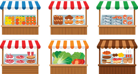 Market stalls with fresh fruits, vegetables, seafood, meat and bakery products, street food vendor stands illustration isolated on light background for grocery, retail and local market design © Rejowanul Expressive