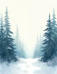 Obraz premium Winter forest path with evergreen trees covered in snow. Gentle snowfall creates a serene atmosphere. This watercolor art depicts a tranquil woodland scene during cold season.