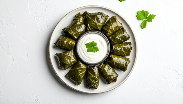 Stuffed grape leaves platter. Traditional dolma neatly arranged in a circle with creamy yogurt dip in the center, minimal white background and elegant top view composition.