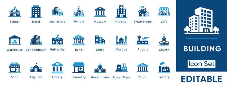Building icon set. Containing real estate, hospital, office, bank, university, factory, airport and more. Solid vector icons collection.