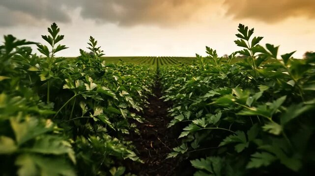 Celery Field Under Cloudy Sky - A Scenic Agricultural Landscape.