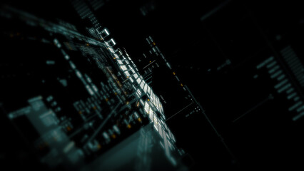 Global data network world map with matrix style grid, glowing HUD interface and streaming light...