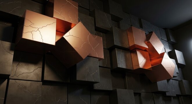 Blurry image of cubist light installation in dark room with geometric shapes