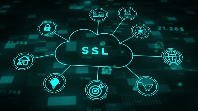 Cyan cloud network schematic with S initials and connected for data analytics human resources and communication on a dark teal digital grid background with glowing numbers and symbols