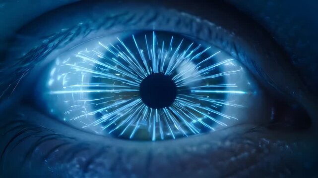 Close-up of human eye with futuristic blue circuit reflected in iris