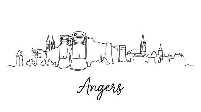 Angers city skyline with castle and cathedral continuous line drawing vector illustration