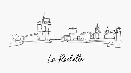 Obraz premium La Rochelle France harbor skyline with medieval towers minimalist continuous line art vector