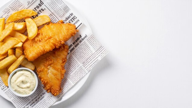 Classic Fish and Chips with Tartar Sauce on Newspaper