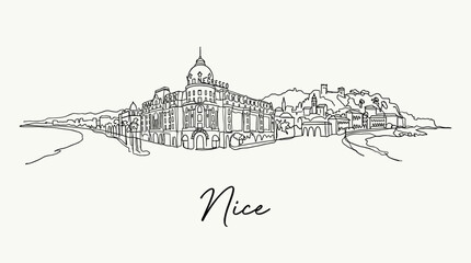 Minimalist Nice France city skyline featuring Hotel Negresco continuous line art vector illustration