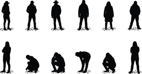 Human silhouette poses, standing crouching positions, posture study illustration, movement analysis concept, body language research, animation reference, artistic figure stances, ground © Sandra Weiss