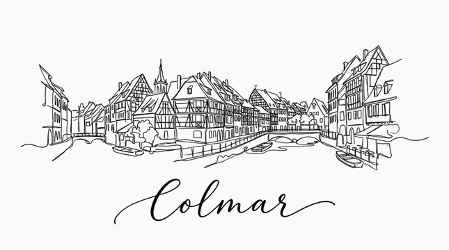 Panoramic Colmar France skyline with traditional half-timbered houses and canal vector illustration