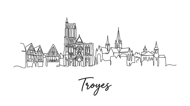 Troyes France city skyline featuring cathedral and houses continuous line art illustration