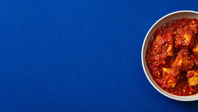 Spicy Chicken Curry in White Bowl on Blue Background