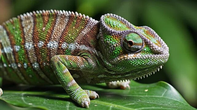 Chameleon perched on a green leaf, showcasing vibrant patterns