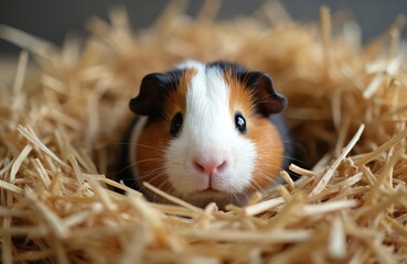 Cute tri-colored guinea pig sits in dry meadow grass bedding. Small rodent with fluffy fur looks forward with bright eyes, resting cozily indoors.
