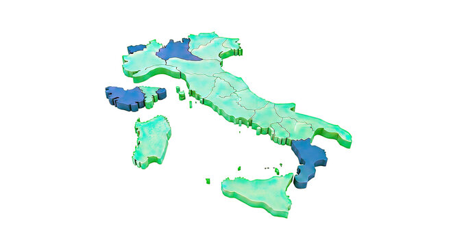 3D Map of Italy Divided into Regions, Some Highlighted in Dark Green