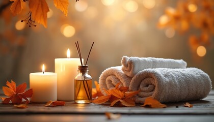Naklejka premium Warm lit spa scene with white towels, lit candles, and aroma diffuser sticks. Autumn leaves add seasonal touch. Serene relaxation, wellness, and self care setting.