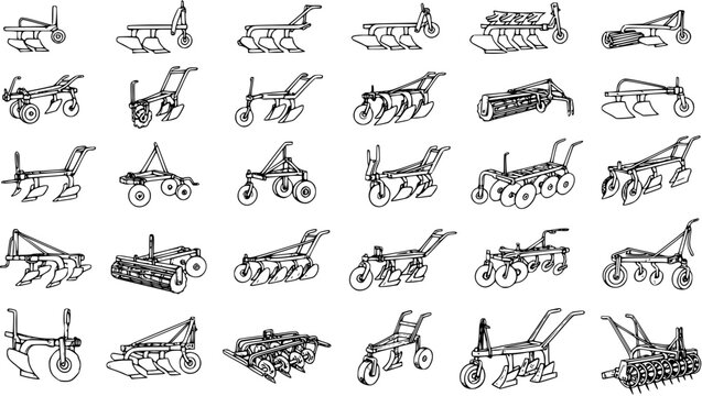 Extensive collection of detailed line art illustrations showcasing various types of agricultural plows, tillers, and cultivators for farm tillage. Monochrome vector sketches of farming machinery.
