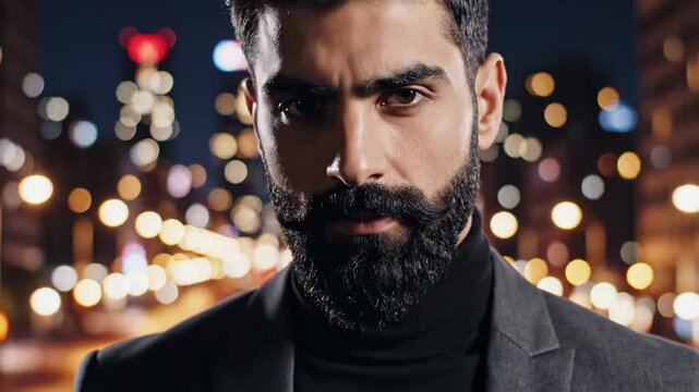 Handsome man with a beard in front of city lights.