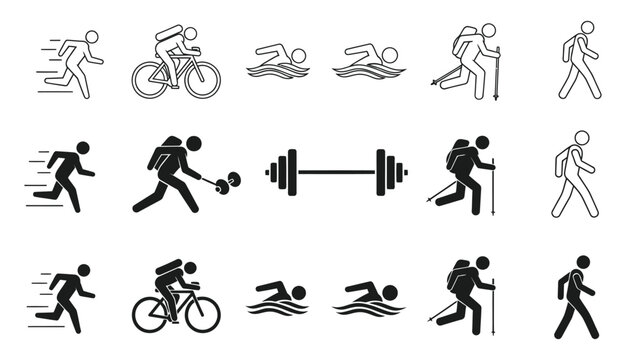 fitness activities icon set, running, walking, swimming, cycling, hiking, gym icon set in outline and silhouette style 