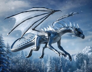 Fototapeta premium Ferocious silver white ice dragon flying above frozen coniferous forest menacing creature with vast spiky wings scales aggressive pose mythological fantasy animal digital rendering illustration