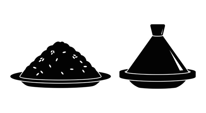 Traditional clay tagine and conical pile of spices or ingredients used in cooking Vector, illustration