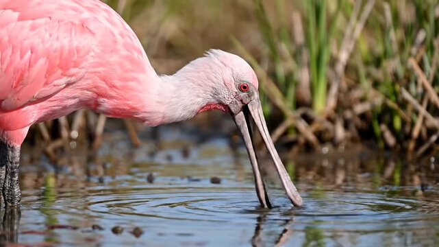A beautiful pink flamingo and a roseate spoonbill stand as exotic birds in the tropical lake water, showcasing vibrant feathers and wild nature in a stunning wildlife display