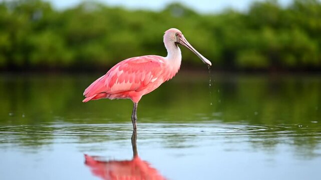 A wild pink flamingo with vibrant feathers and a long beak stands gracefully in the tropical lake water among other exotic wildlife like the roseate spoonbill and heron