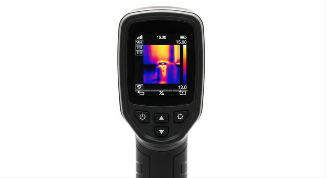 Handheld thermal detector with a digital display showing colorful infrared imagery, isolated on a white background