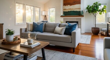 Fototapeta premium A cozy living room with a gray couch, blue and white pillows, a wooden coffee table, and a potted plant on a wooden floor.