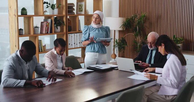 Design, proposal and tablet with business woman in office boardroom for meeting or update. App, pitch and presentation with designer person in creative workplace for development, planning or vision