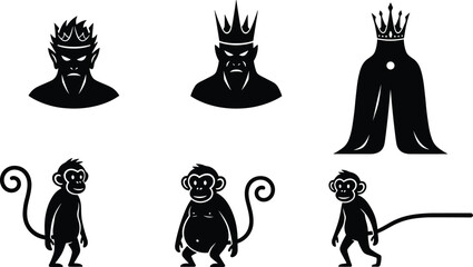 Royal crown silhouettes, regal character illustration, monkey figures artwork, symbolic primate design, fantasy narrative concept, human animal contrast, storytelling vector art, creative © Sandra Weiss