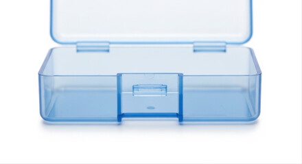 Transparent blue box with open lid designed for organizing push pins, isolated on a pristine white background
