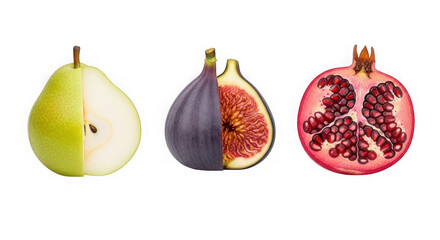 Pear, fig, and pomegranate fruits displayed together isolated on transparent background