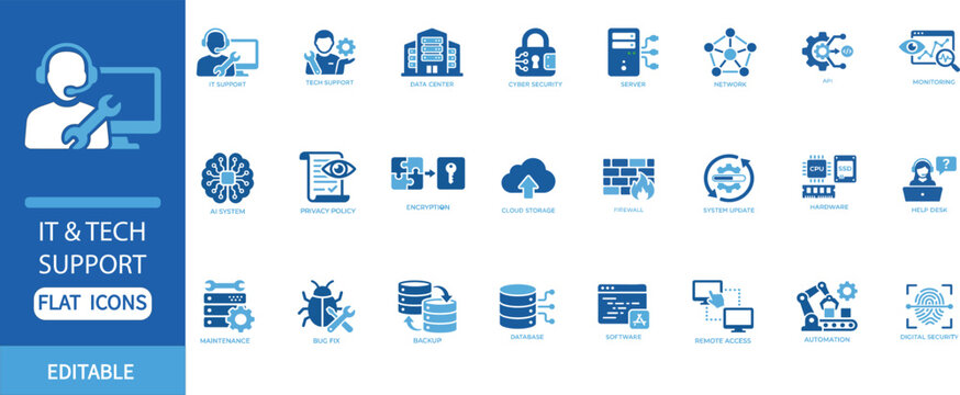 IT & Tech Support Flat Icon Set with Server, Cyber Security, Data Center, Cloud Storage, Encryption, Network, API, Monitoring and Digital Security Editable Blue Vector Collection

