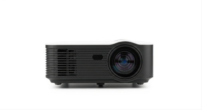 Compact mini projector isolated on a white background, featuring sleek black design and modern lens, ideal for portable presentations or home cinema