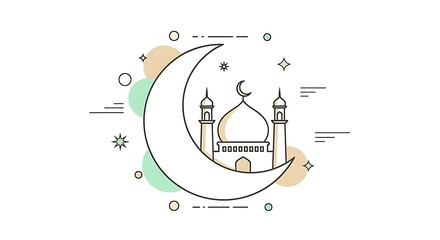 Obraz premium Ramadan illustration with a simple crescent moon and mosque outline