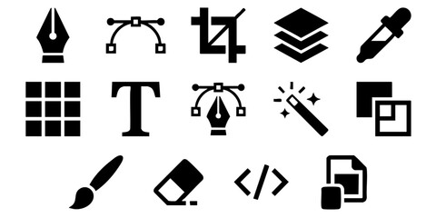 Fototapeta premium Assorted creative icons representing art and design elements, graphic symbols for various tools and concepts, showcased in a grid layout.