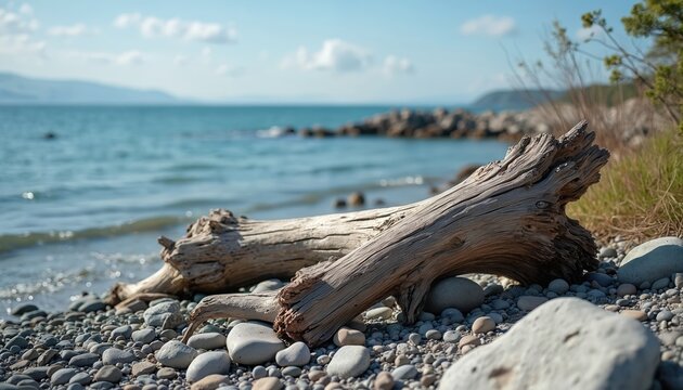 Driftwood logs rest on pebbly shore by calm sea waves. Smooth stones and weathered wood pieces create natural texture. Ocean meets land under clear blue sky.