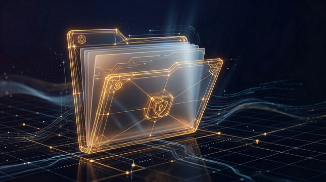 GDPR data protection and privacy featuring glowing holographic folder with secure documents and shield keyhole icon, symbolizing digital information security and confidential data management.