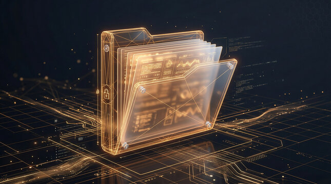 GDPR compliance with a glowing wireframe folder, documents, and a padlock icon, symbolizing data privacy, cybersecurity, and secure information management.