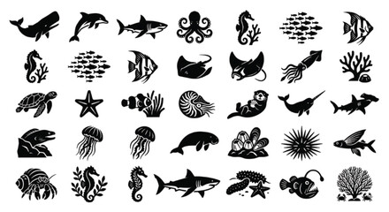 Obraz premium 48 Marine Life Icon Set, minimal black vector silhouettes.
