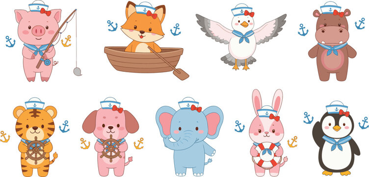 Cute Sailor Animals Collection with Pig Fox Bear Elephant Penguin and Bunny Nautical Cartoon Vector Illustration Set