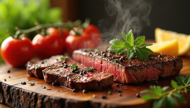 Juicy grilled skirt steak with peppercorns and fresh herbs. Served on rustic wood board with ripe tomatoes and lemon slices. Steaming hot meat, perfect for barbecue or feast.