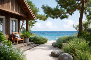 Fototapeta premium Coastal beach house welcoming vacationers to ocean serenity