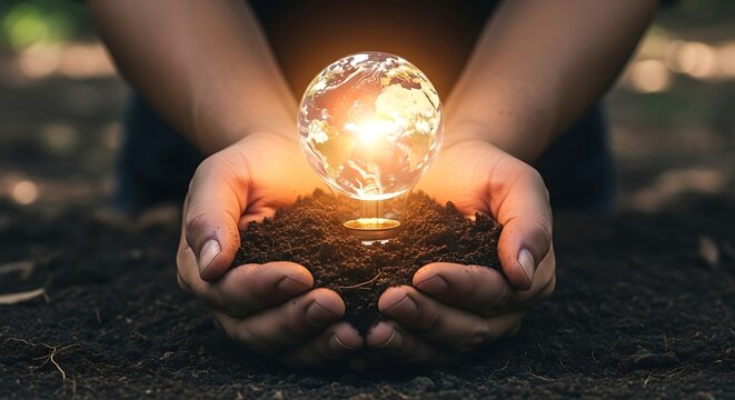 Hands Holding Soil with Glowing Earth, Sustainability Concept, Eco-Friendly